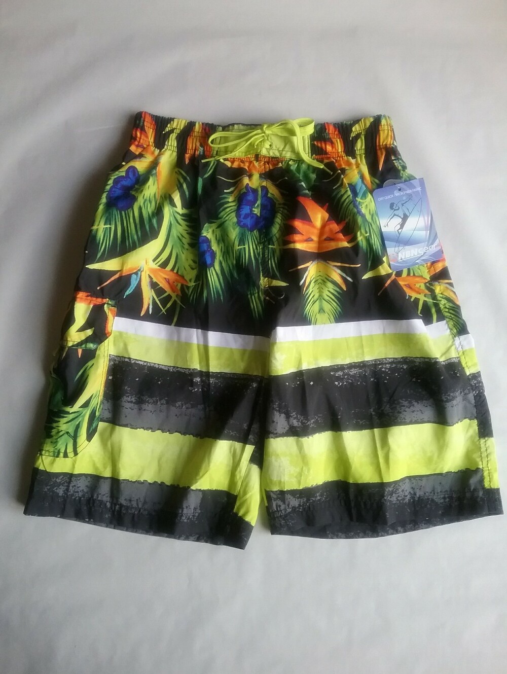 Boy Neon Yellow Floral Stripe Swim Board Shorts Medium